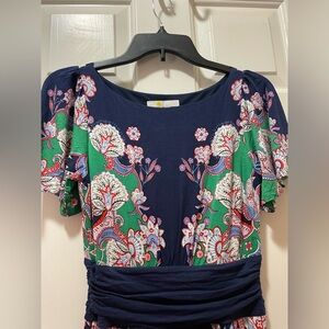 Boden Dark Blue Floral Print Dress with Flutter Sleeves and Pockets size 2P
